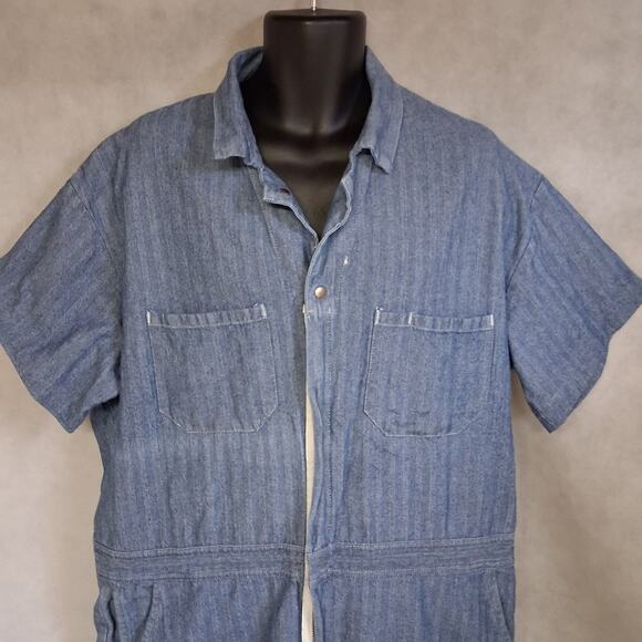 Vtg Aramark Durable Press Overalls Men's 50 Regular Blue White Herringbone 2 - Picture 1 of 7